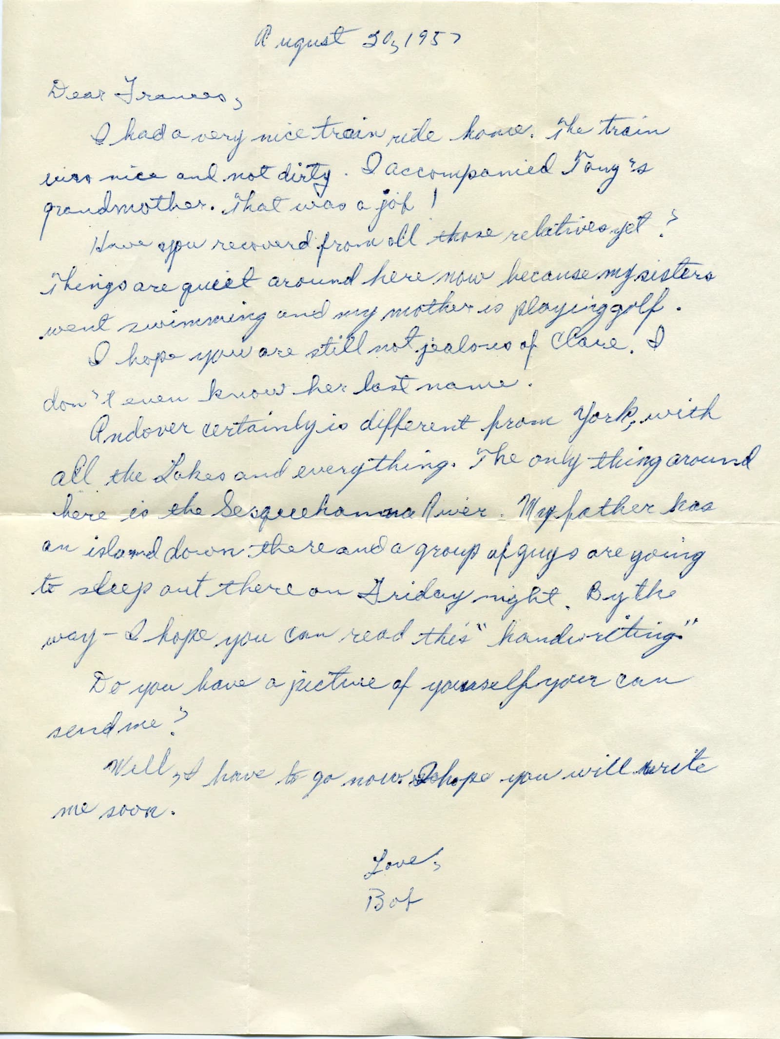 Bob's first letter to Fran, dated August 20, 1957