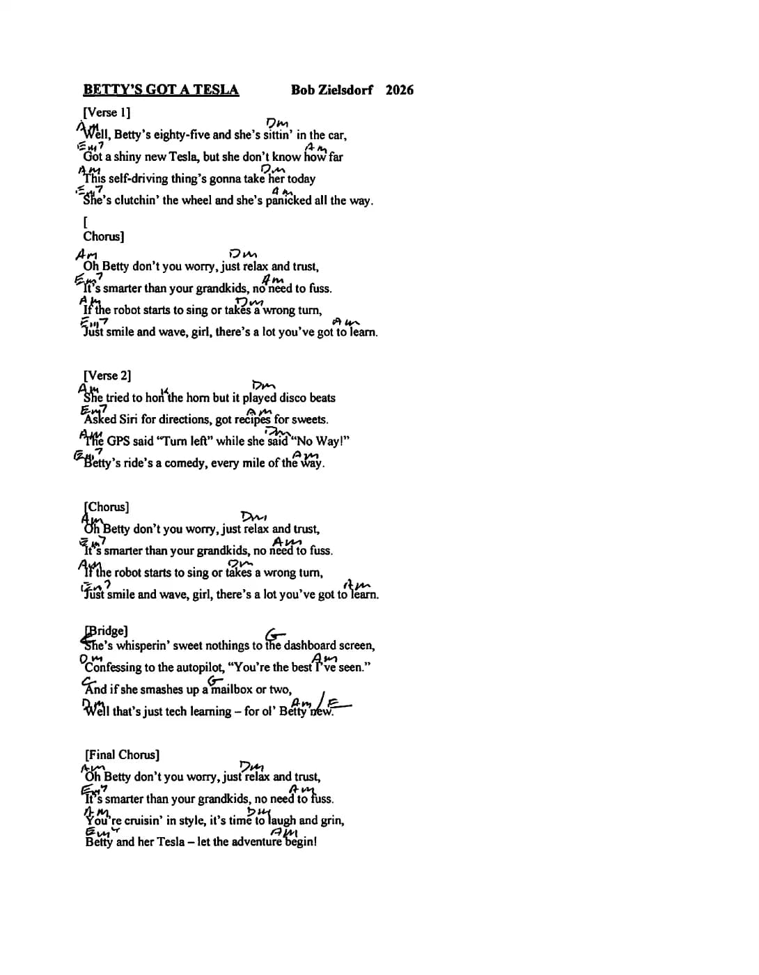 First page of Betty's Got a Tesla, from Bob Zielsdorf's original song sheet