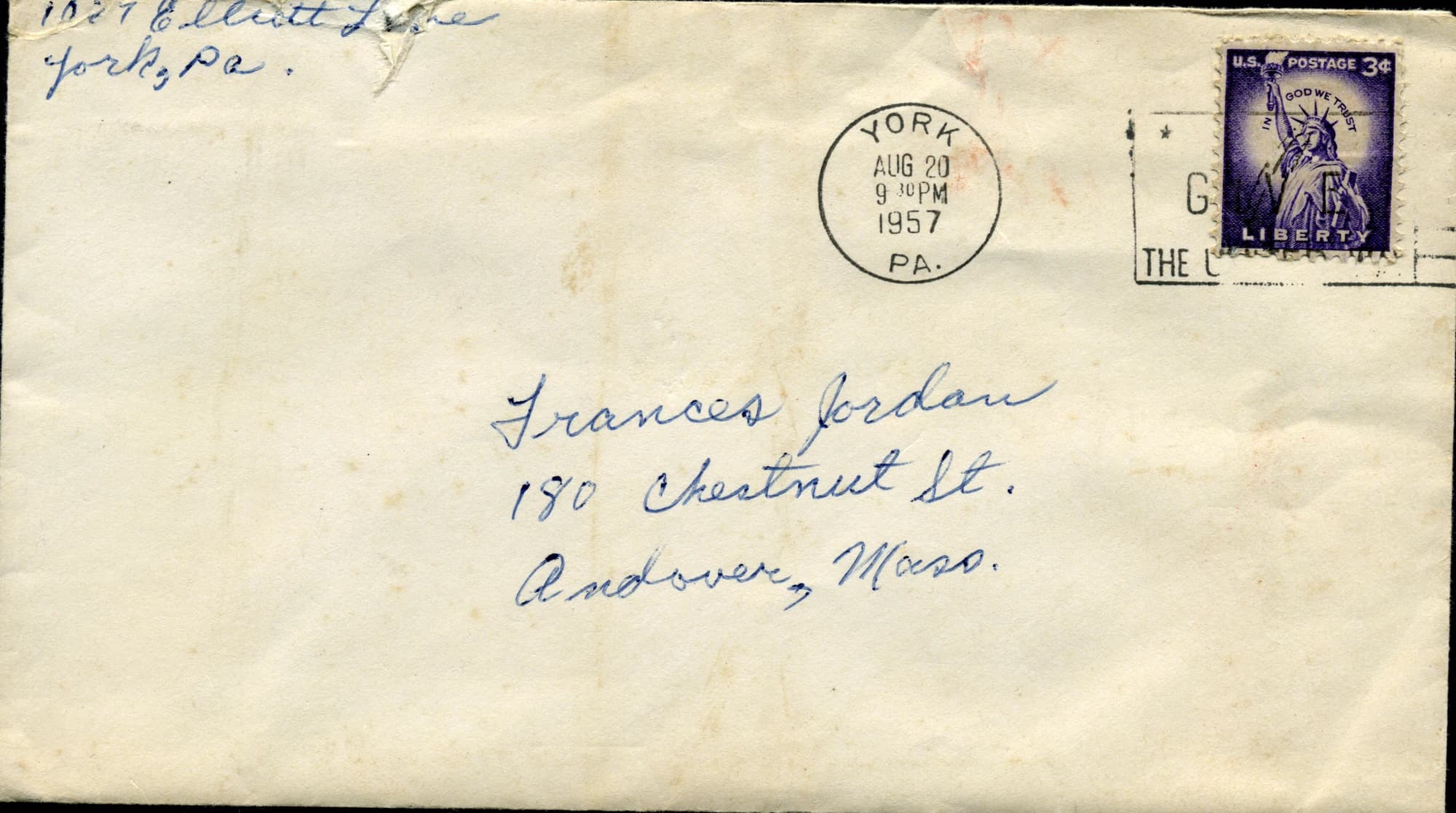 The addressed front of Bob's first envelope to Fran