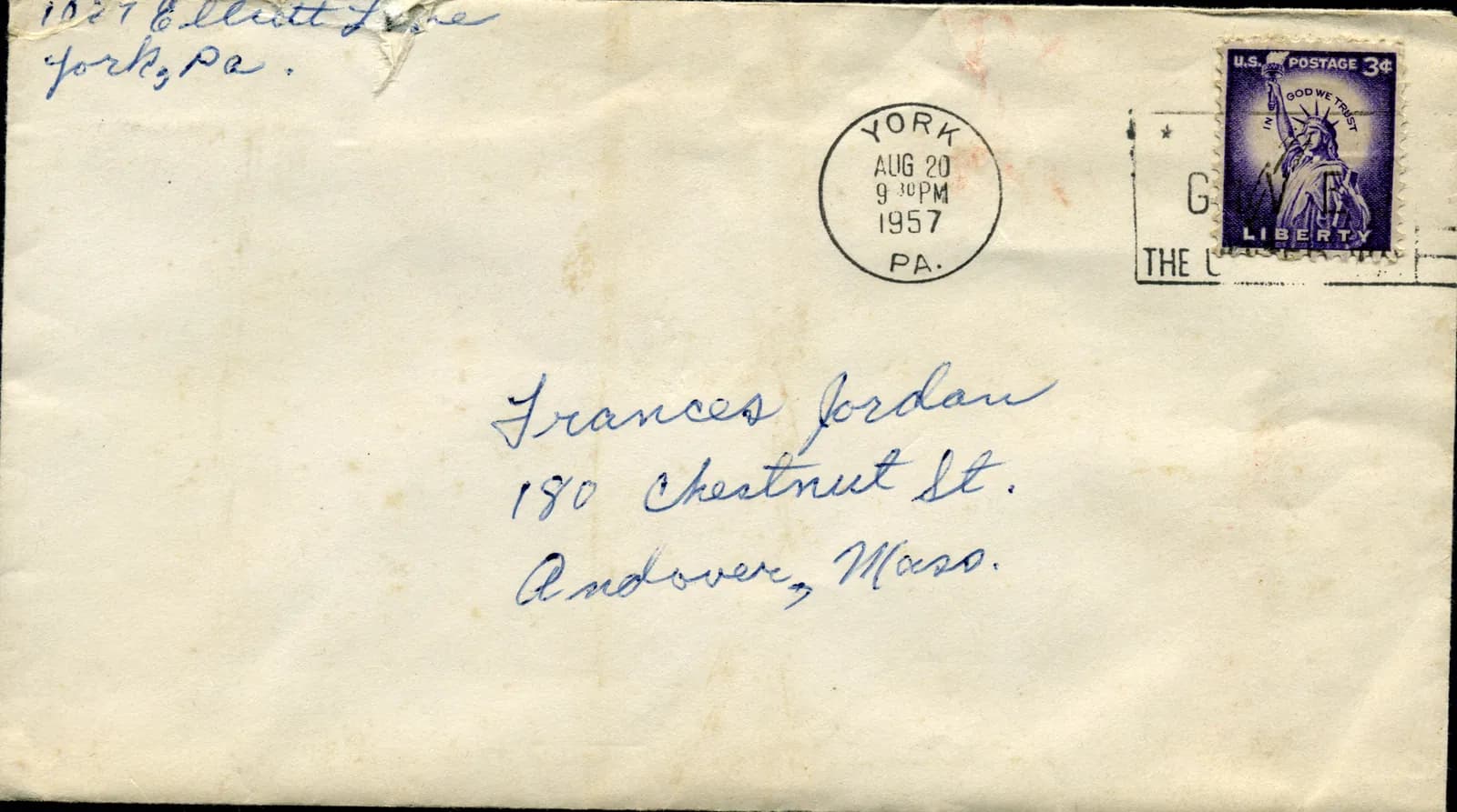 Envelope from Bob's first letter to Fran, postmarked York, Pennsylvania, August 20, 1957